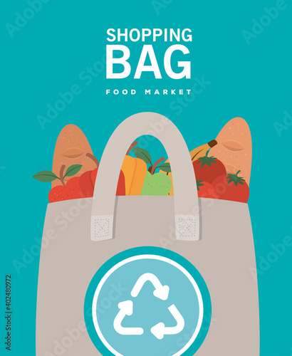 shopping bag food market lettering and ecobag full of market products