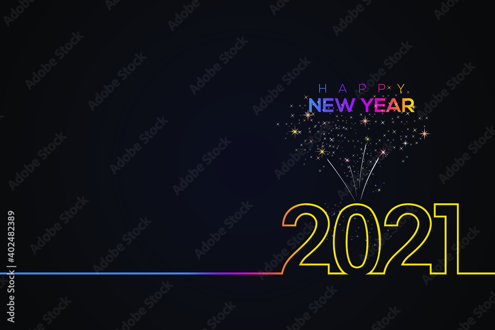 2021 happy new year background creative greeting card design with blue background. fireworks colored line design numbers.