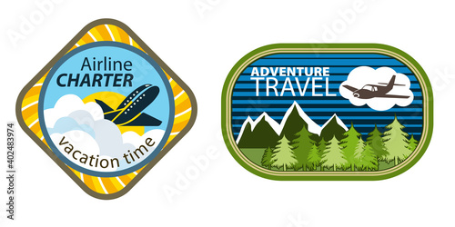 Autocollant, étiquette ou badge pour promouvoir les vols en avion de ligne ou d’aventure.