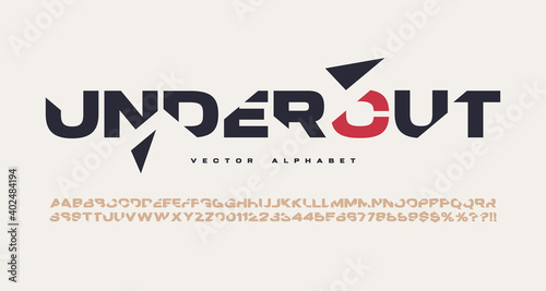 Sliced sans serif vector alphabet, cut font, letter and number set