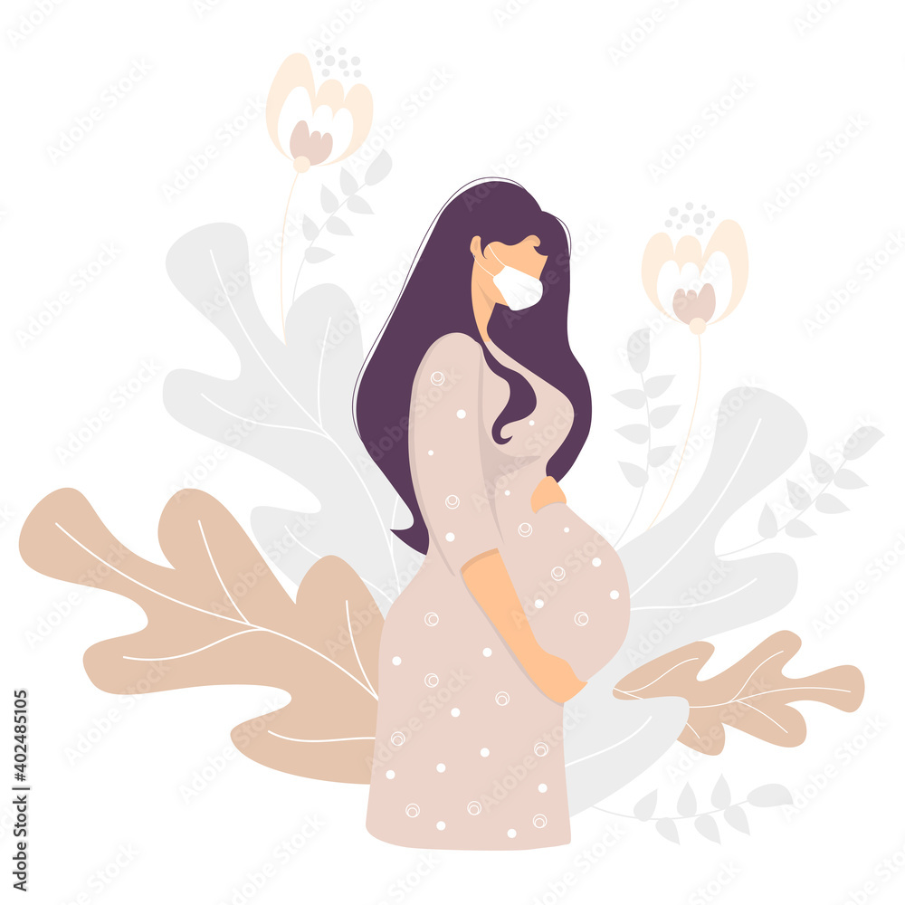 Motherhood. Happy pregnant woman in a medical mask gently hugs her belly with her hands, on a background with a decor of delicate plants and flowers. Vector illustration. concept of Covid, pandemic Motherhood. Happy pregnant woman in a medical mask gently hugs her belly with her hands, on a background with a decor of delicate plants and flowers. Vector illustration. concept of Covid, pandemic
