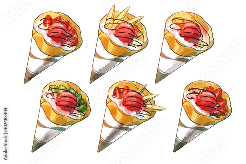 立体型クレープ　イチゴアイス　水彩風