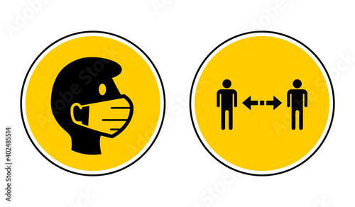 Wear a Face Mask and Keep Your Distance Round Warning or Instruction Icon Set against the Spread of Coronavirus Covid-19. Vector Image.