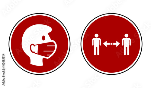 Wear a Face Mask and Keep Your Distance Round Warning or Instruction Icon Set against the Spread of Coronavirus Covid-19. Vector Image.