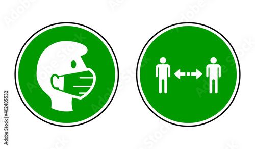 Wear a Face Mask and Keep Your Distance Round Warning or Instruction Icon Set against the Spread of Coronavirus Covid-19. Vector Image.