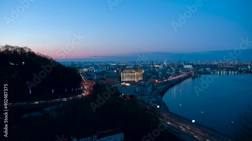 Night city timelapse, Kiev, Ukraine. Transition from day to night.