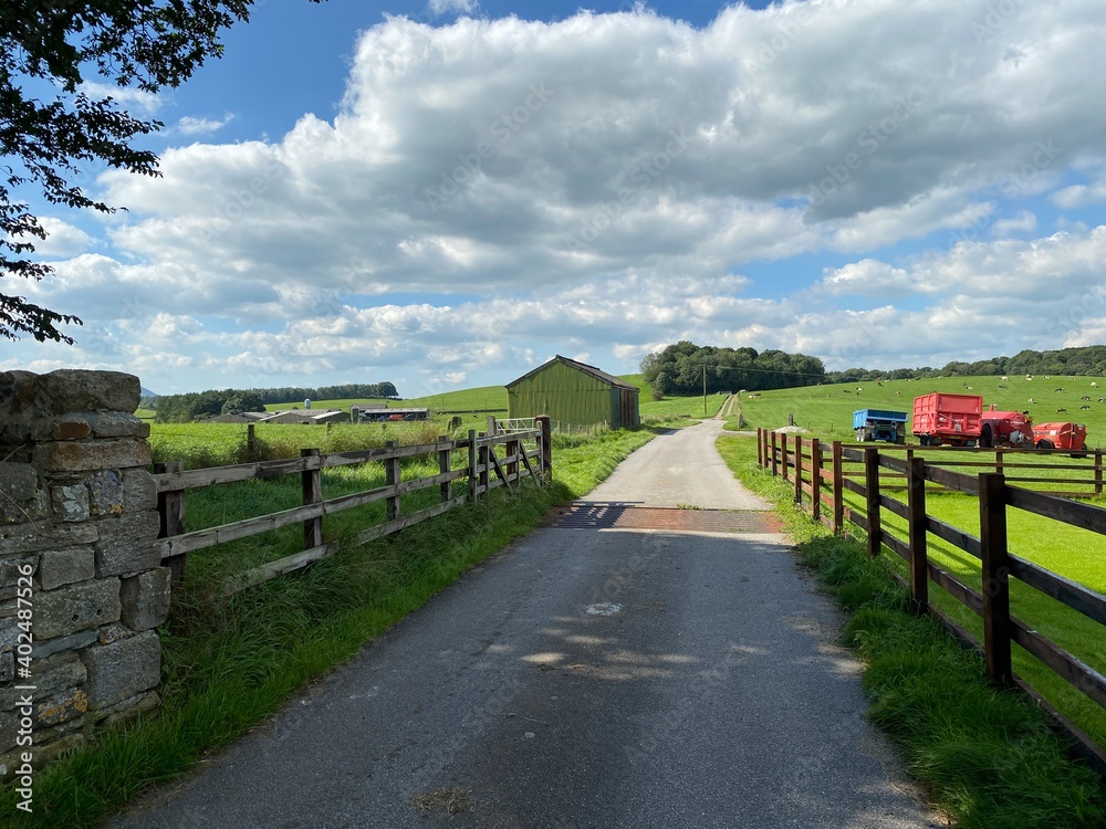 Small road, with a cattle grid, leading onto farmland, with a barn and agricultural equipment in, Bracewell, Clitheroe, UK Small road, with a cattle grid, leading onto farmland, with a barn and agricultural equipment in, Bracewell, Clitheroe, UK