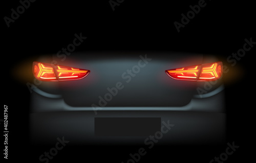 Realistic automotive auto car led glowing intellectual laser matrix xenon headlights front back rear lights bars vector realistic illustration isolated on dark black background.