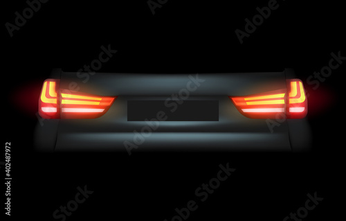 Realistic automotive auto car led glowing intellectual laser matrix xenon headlights front back rear lights bars vector realistic illustration isolated on dark black background.