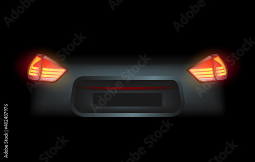 Realistic automotive auto car led glowing intellectual laser matrix xenon headlights front back rear lights bars vector realistic illustration isolated on dark black background.