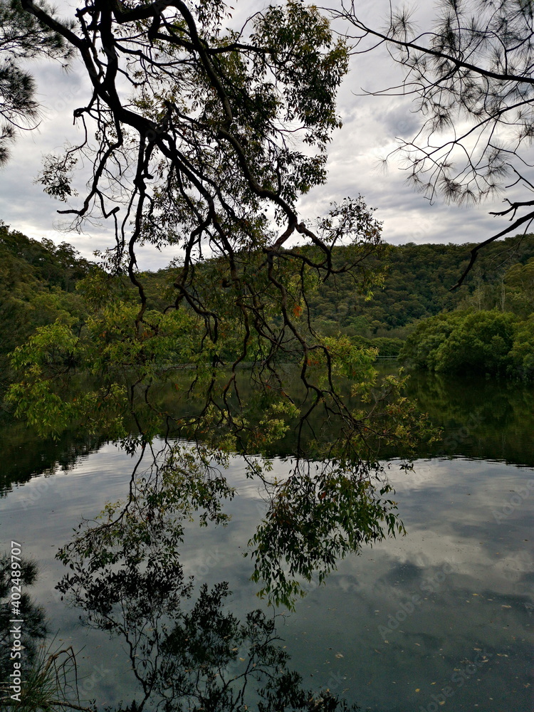Beautiful view of a creek with reflections of mountains, trees, and cloudy sky on water, Crosslands Reserve, Berowra Valley National Park, New South Wales, Australia
