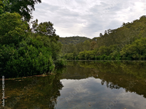 Beautiful view of a creek with reflections of mountains  trees  and cloudy sky on water  Crosslands Reserve  Berowra Valley National Park  New South Wales  Australia 