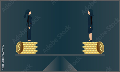 
flat vector illustration of women business standing on coins stack with same height on blancer, with blue gradient