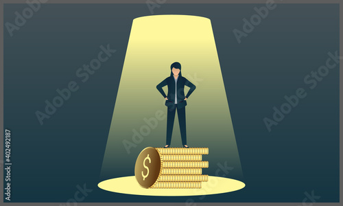 Flat vector illustration of woman standing on coin in highlight lamp, in blue gradient