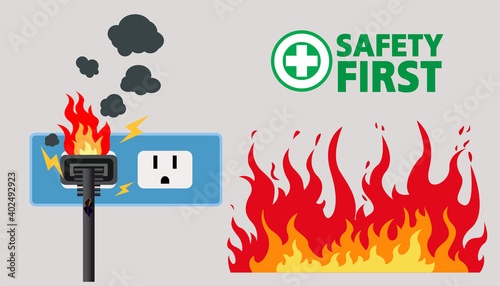 Power plug is full,Short circuit,House fire, Safety first,Vector design