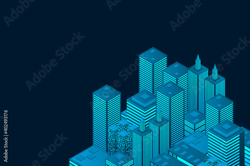 Isometric futuristic town with skyscrapers. Smart city technology for business and life. Intelligent buildings. Business center with skyscrapers. Smart city isometric illustration