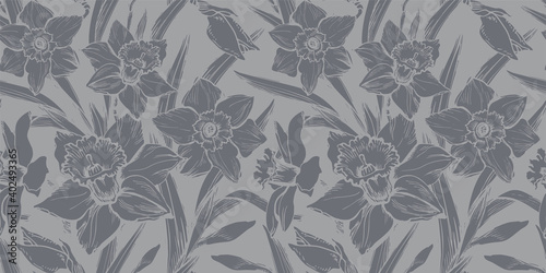 Closeup gray daffodil seamless pattern drawn by hand on grey background. Floral ornate monochrome spotted botanical vector. Perfect for textile, fabric, bedding, package, wallpaper.