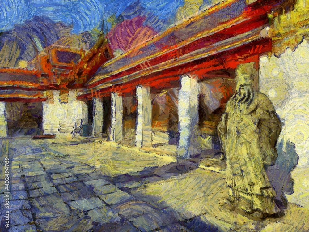 Obraz premium Landscape of Wat Pho in Bangkok Illustrations creates an impressionist style of painting.