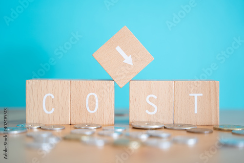 COST DOWN; 5個の積み木ブロックで作ったCOST DOWNの概念とたくさんのコイン（お金） photo