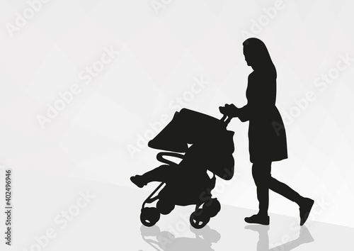Young mom with baby stroller silhouette on white background