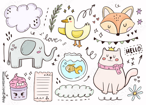 Cute baby animal sticker outline. Cat, elephant, fox drawing in white background illustration