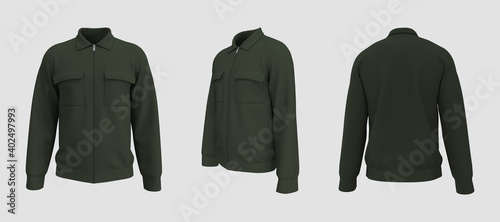 Harrington jacket mockup front, side and back views, 3d illustration, 3d rendering photo