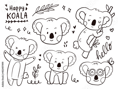 Set of cute koala doodle cartoon for kids coloring and print.