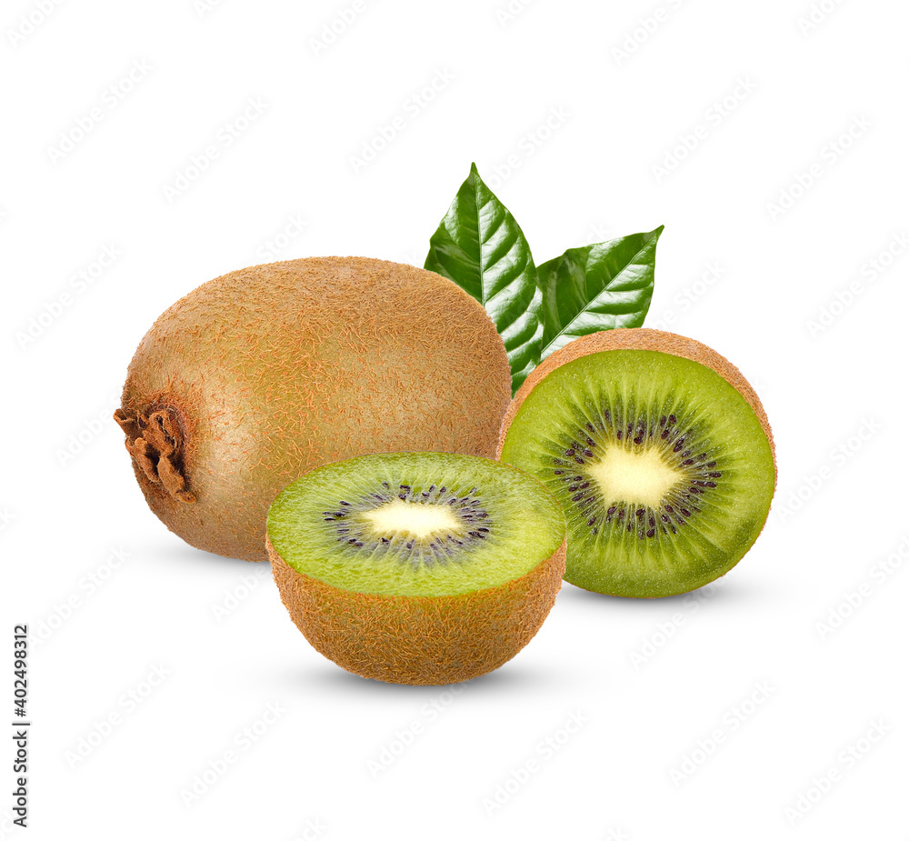 Fototapeta premium Fresh Kiwi fruit with leaves isolated on white background