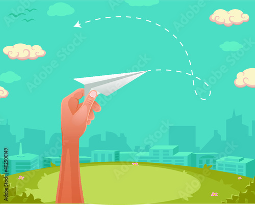 Paper airplane in hands on blue sky background. Vector illustration