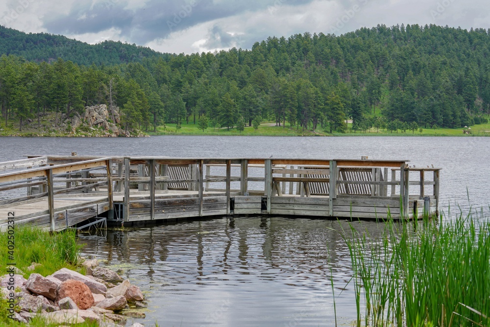 Fototapeta premium Fishing dock on lake in the Black Hills, South Dakota