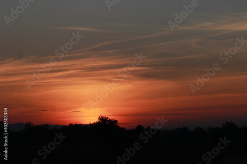 Golden light from sunrise and silhouette in the morning