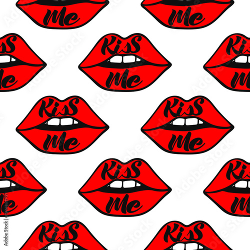 Lips seamless vector pattern. Pattern with woman s red  flat lips. Fashion backdrop. Vector background with lips for wedding and Valentine s day. The black handwritten phrase Kiss Me