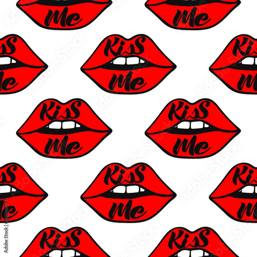 Lips seamless vector pattern. Pattern with woman's red  flat lips. Fashion backdrop. Vector background with lips for wedding and Valentine's day. The black handwritten phrase Kiss Me