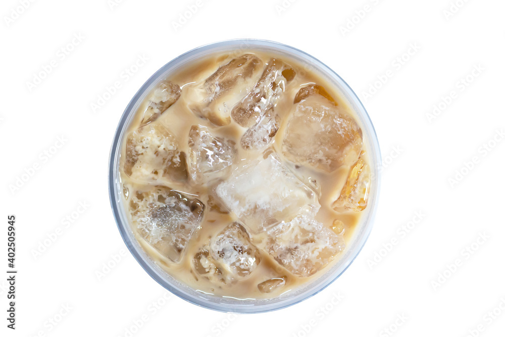 Top view of ice coffee on white background