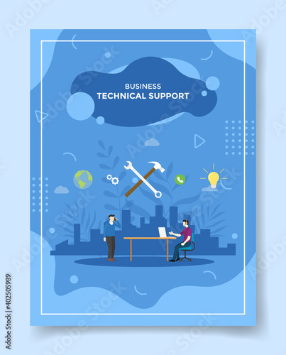 technical support men use laptop wrench hummer background of city sitting ion chair talk around customer use phone for template of banners, flyer, books cover, magazines with liquid shape style
