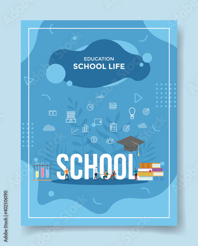 school life people student around school word hat book chemistry glass for template of banners, flyer, books cover, magazines with liquid shape style