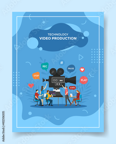 video production people working together editing video front camera for template of banners, flyer, books cover, magazines with liquid shape style