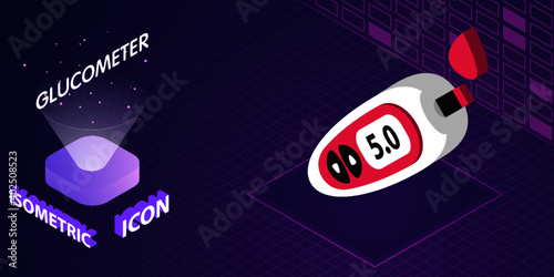 Glucometer of measurement sugar level isometric icon. Blood glucose meter vector illustration. Indicator strip sign. Diabetes test 3d concept.