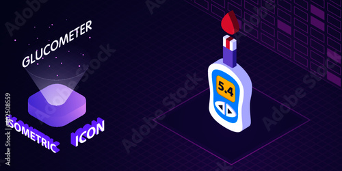 Glucometer of measurement sugar level isometric icon. Blood glucose meter vector illustration. Indicator strip sign. Diabetes test 3d concept.