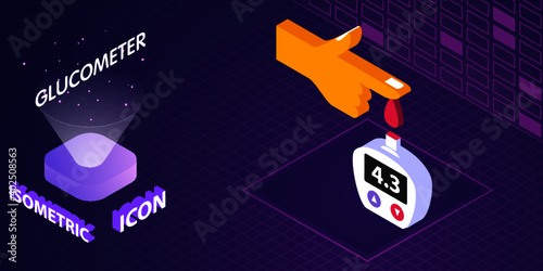 Glucometer of measurement sugar level isometric icon. Blood glucose meter vector illustration. Indicator strip sign. Diabetes test 3d concept.