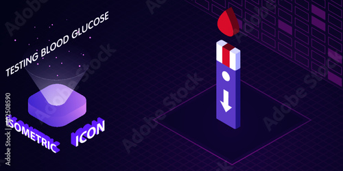 Glucometer test strip isometric icon. Blood glucose meter vector illustration. Sugar level indicator strip sign. Diabetes testing 3d concept.