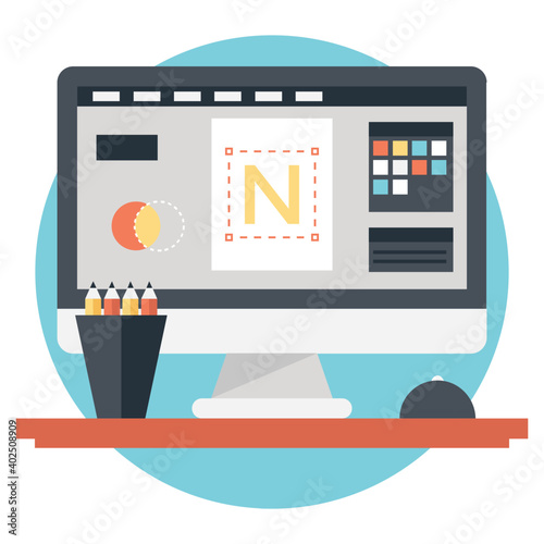 Vector icon illustration of modern web studio workplace. Web design office theme