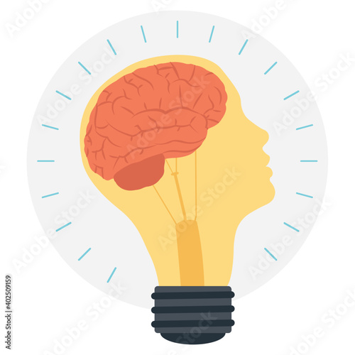 Creative brain idea and light bulb vector flat design. Open Mind - Creative Brain