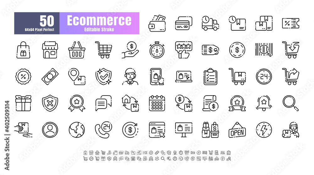 64x64 Pixel Perfect of Ecommerce Online Shopping Delivery. Thin Line Outline Editable Stroke Icons Vector. for Website, Application, Printing, Document, Poster Design, etc.