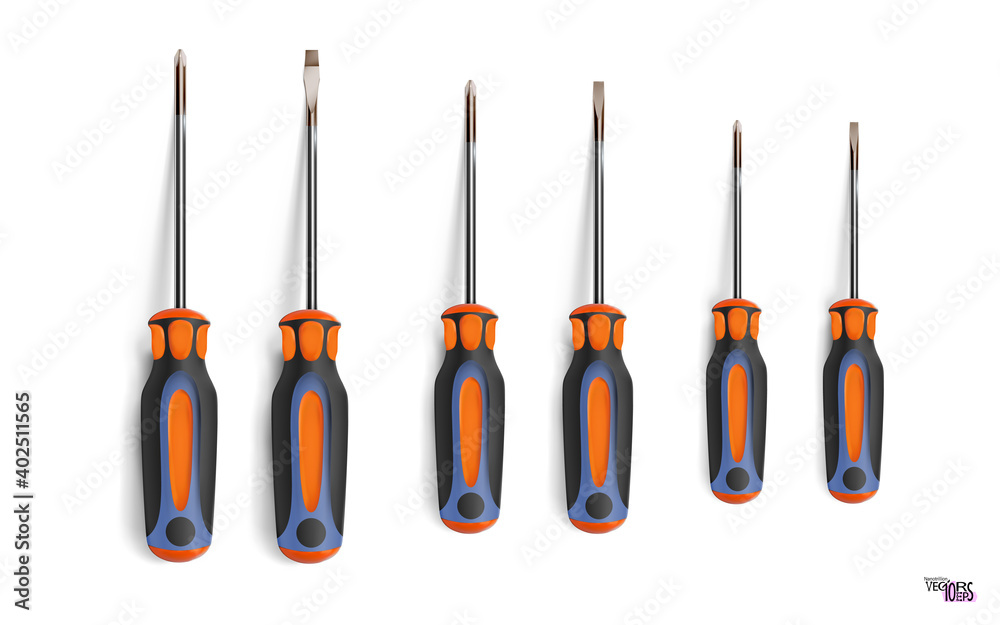 Set flathead screwdriver and phillips screwdriver different sizes. Professional realistic tool with orange black grip, isolated on white. Cruciform, slotted. Has a shadow. Vector illustration Set flathead screwdriver and phillips screwdriver different sizes. Professional realistic tool with orange black grip, isolated on white. Cruciform, slotted. Has a shadow. Vector illustration