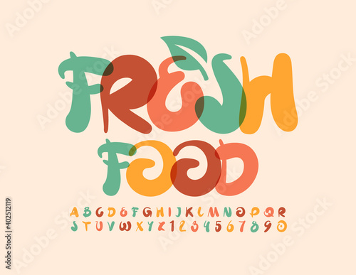 Vector trendy logo Fresh Food with Decorative Leaf. Creative artistic Font. Handwritten Alphabet Letters and Numbers set