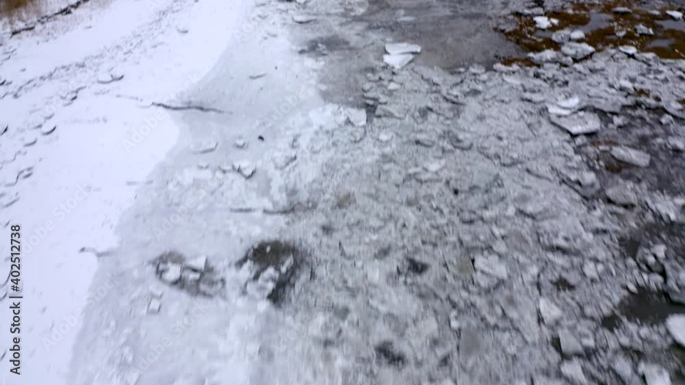 Drone flying over the frozen river and revealing the vast Saint-Lawrence and Les Éboulements village Drone flying over the frozen river and revealing the vast Saint-Lawrence and Les Éboulements village