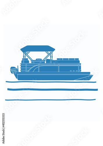 Editable Vector of Side View Pontoon Boat on Calm Water Illustration in Flat Monochrome Style with Blue Color for Artwork Element of Transportation or Recreation Related Design