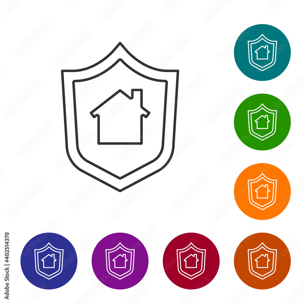 Black line House with shield icon isolated on white background. Insurance concept. Security, safety, protection, protect concept. Set icons in color circle buttons. Vector.. Black line House with shield icon isolated on white background. Insurance concept. Security, safety, protection, protect concept. Set icons in color circle buttons. Vector..