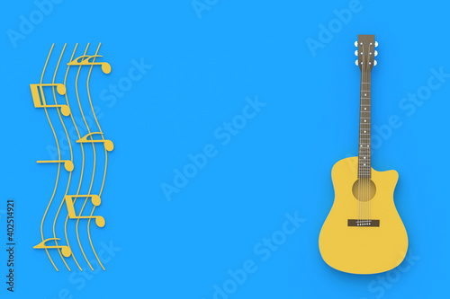 One vintage guitar and different notes on blue background. Retro stringed instrument. Musical education. Live concert concept. Acoustic sound. Top view. Copy space. 3d rendering